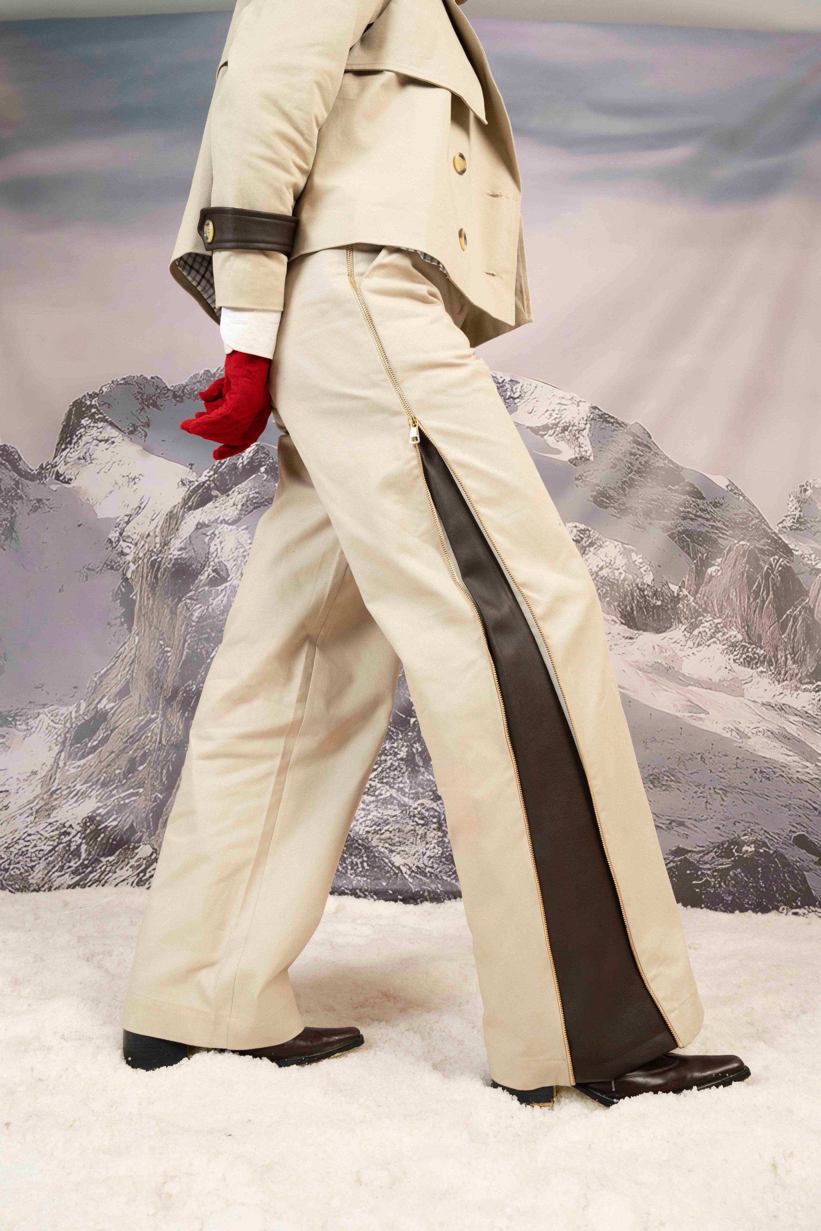 GABARDINE & LEATHER ZIP-DETAIL PANTS