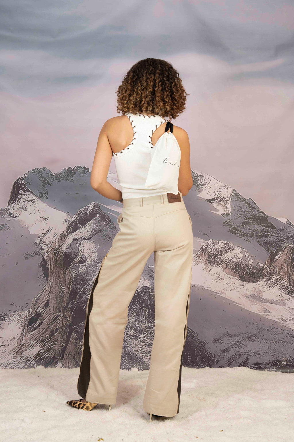 GABARDINE & LEATHER ZIP-DETAIL PANTS